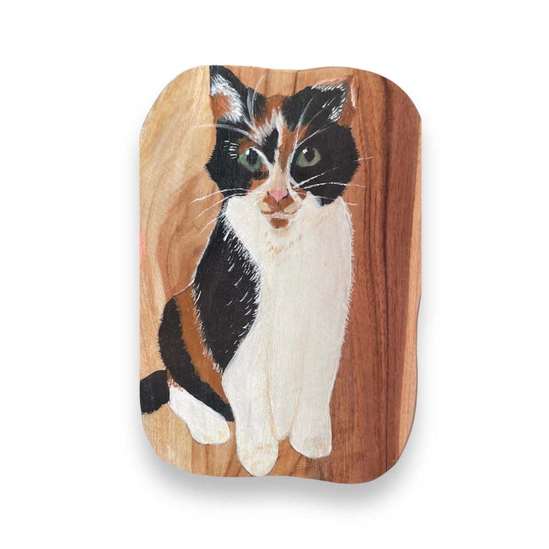 Custom hand painted cat portrait in wood